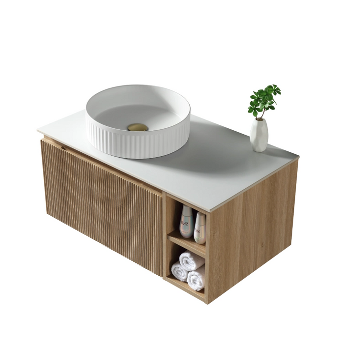 Fluted 800mm Wall Hung Vanity Unit with Side Storage Box & Counter Top - Country Oak