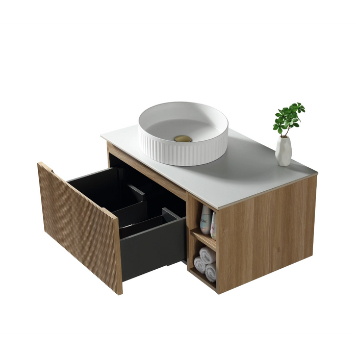 Fluted 800mm Wall Hung Vanity Unit with Side Storage Box & Counter Top - Country Oak
