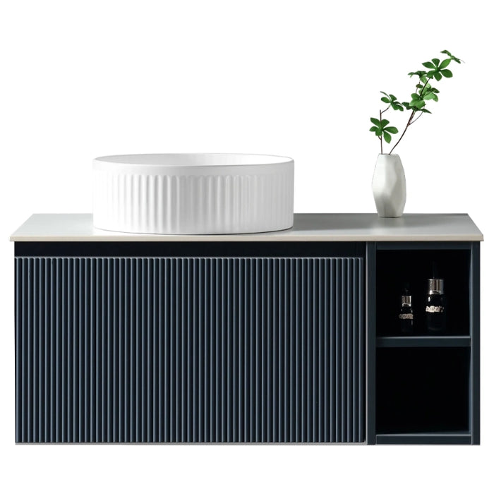 Fluted 800mm Wall Hung Vanity Unit with Side Storage Box & Counter Top - Midnight Shadow