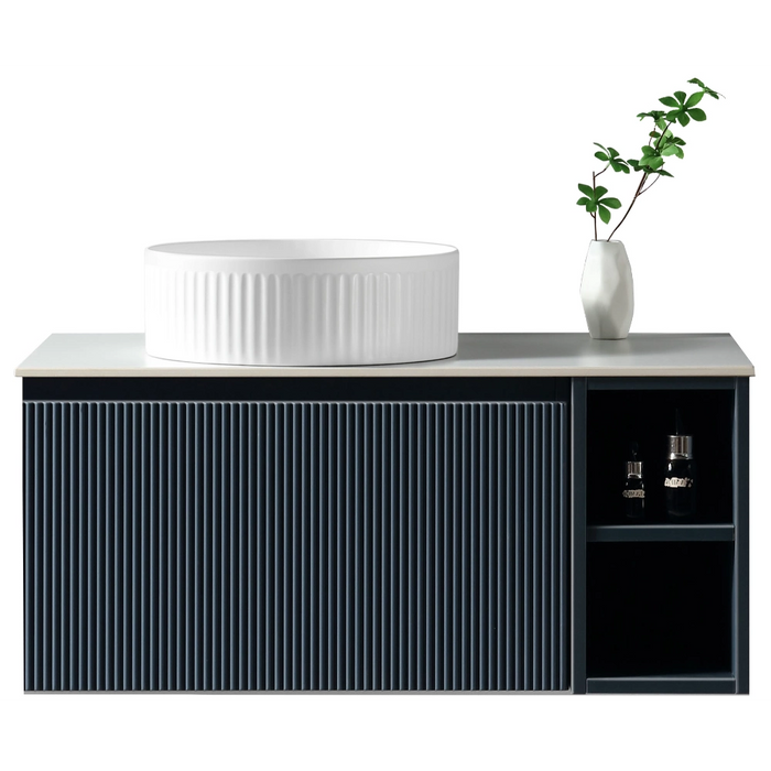 Fluted 800mm Wall Hung Vanity Unit with Side Storage Box & Counter Top - Midnight Shadow