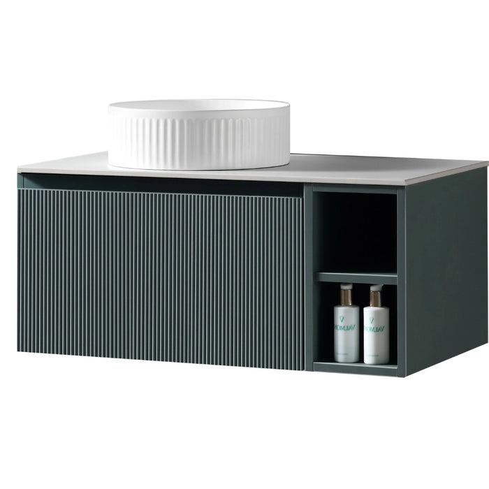 Fluted 800mm Wall Hung Vanity Unit with Side Storage Box & Counter Top - Smoked Sage