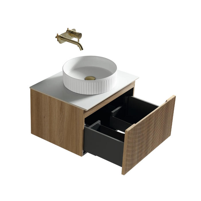 Fluted 600mm Oak Wall Hung Vanity with Counter Top - Country Oak