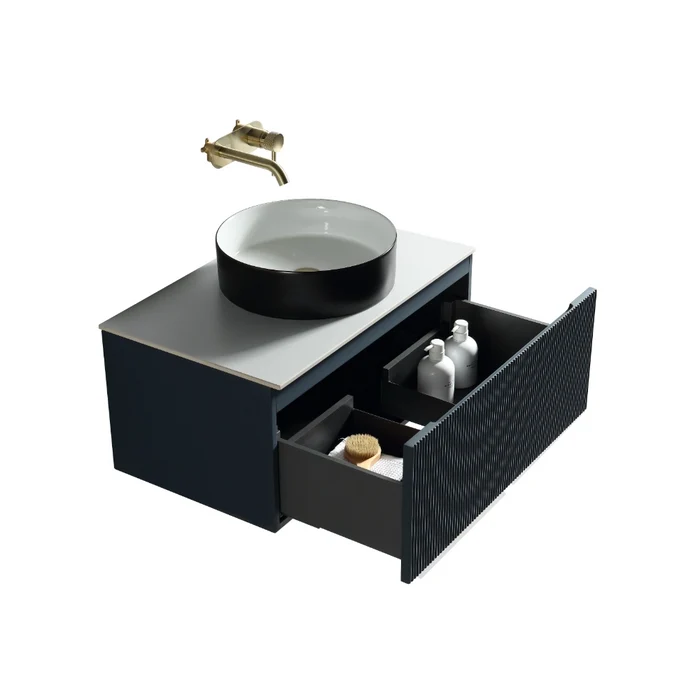 Wall-hung vanity with open drawer storage and ribbed front beside a round vessel sink