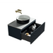 Wall-hung vanity with open drawer storage and ribbed front beside a round vessel sink