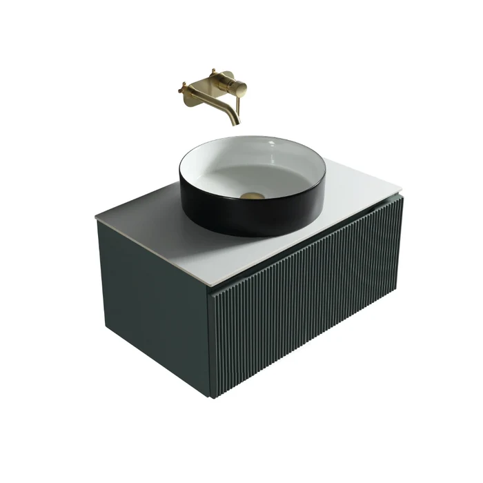 Dark sage wall-hung vanity with ribbed front, countertop and black round sink