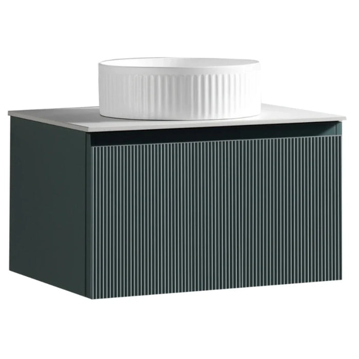 Dark sage wall vanity with ribbed cabinet front, white ridged vessel sink and faucet