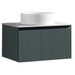 Dark sage wall vanity with ribbed cabinet front, white ridged vessel sink and faucet