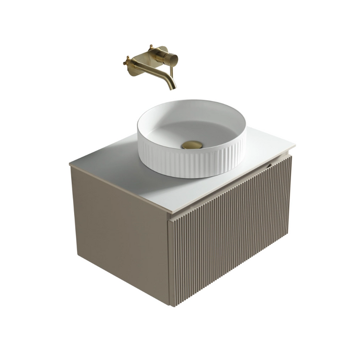 Vanity with ribbed cabinet front, white vessel sink, and brass mixer tap