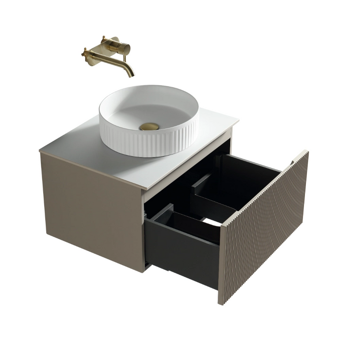 Wall vanity with ribbed front, open storage drawer, and white vessel sink