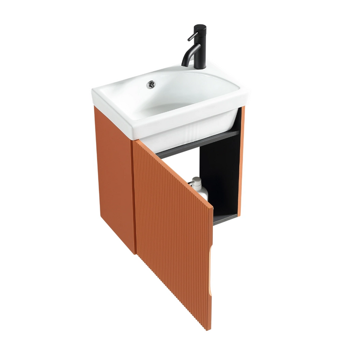 Fluted Mini Cloakroom Wall-Hung Vanity Unit with Basin - Bruciata Orange