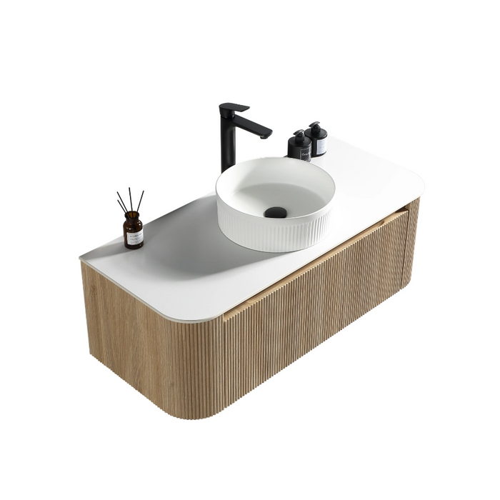 Fluted 1075mm Wall Hung Curved Corner Vanity with Countertop – Country Oak