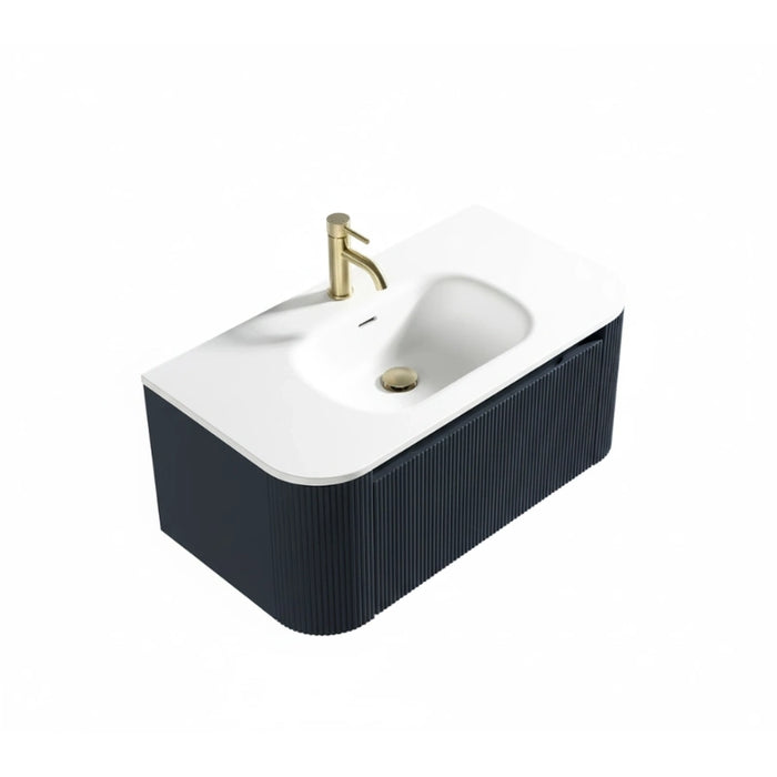 Fluted 870mm Wall Hung Curve Corner Vanity with Matte Basin - Midnight Shadow