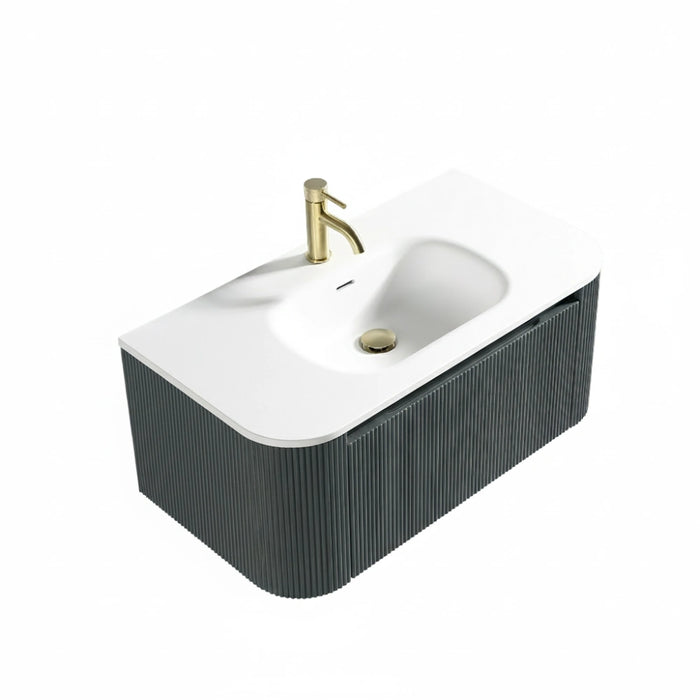 Fluted 870mm Wall Hung Curve Corner Vanity with Matte Basin - Smoked Sage