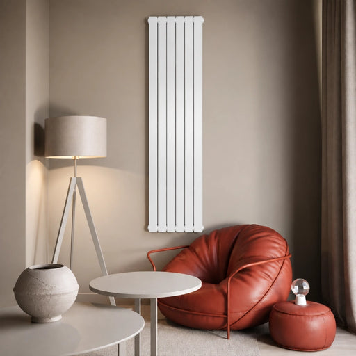 White vertical double panel flat radiator with top and bottom headers