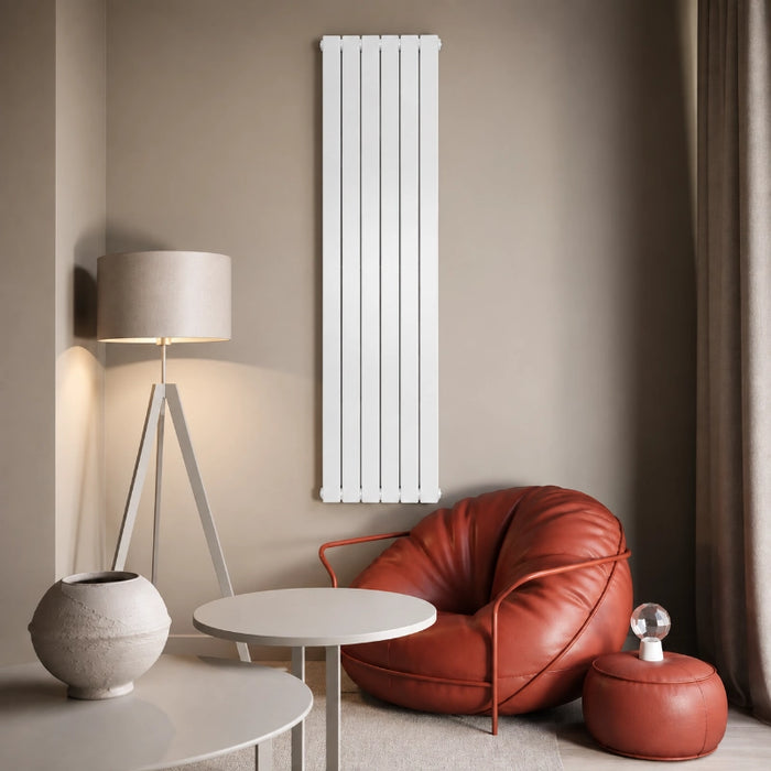 White vertical double panel flat radiator with top and bottom headers