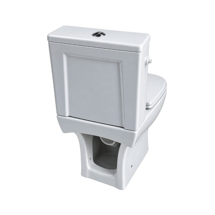 White toilet with soft-close seat, front view of tank and bowl