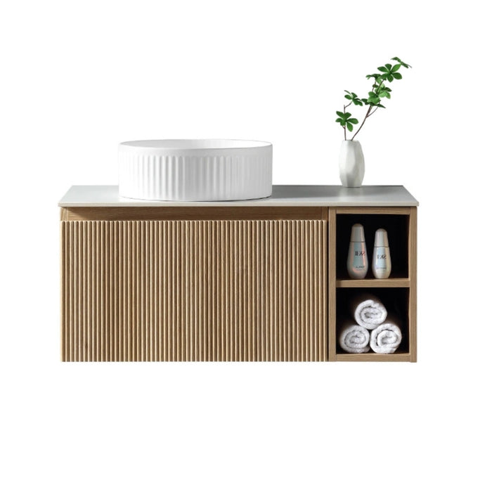 Fluted 800mm Wall Hung Vanity Unit with Side Storage Box & Counter Top - Country Oak