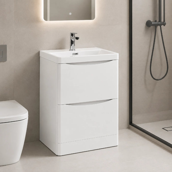 Rimini 600mm 2 Drawer Floor Standing Vanity Unit with Basin White