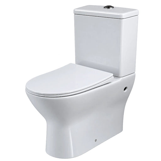 White toilet with closed round seat and lid, front three-quarter view