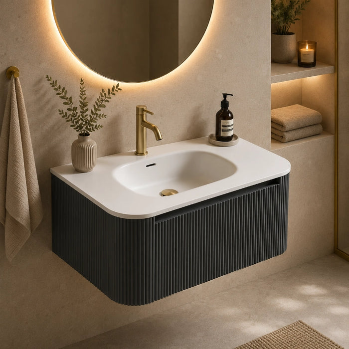 Fluted 870mm Wall Hung Curve Corner Vanity with Matte Basin - Smoked Sage