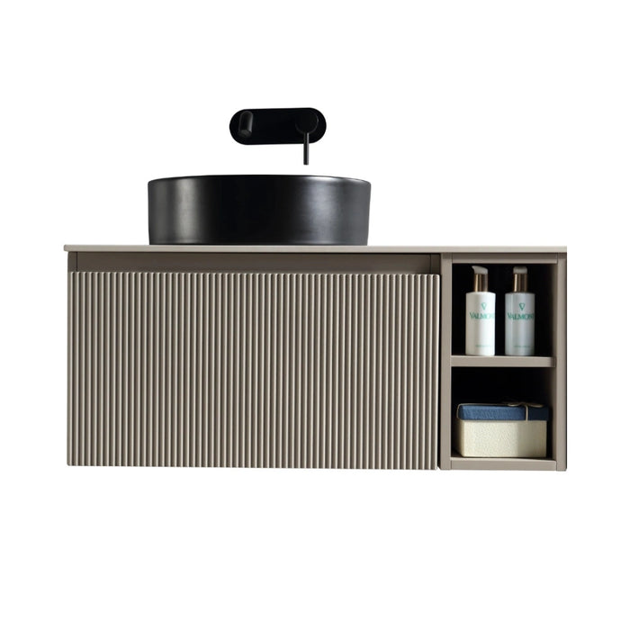 Fluted 800mm Wall Hung Vanity Unit with Side Storage Box & Counter Top - Soft Coffee