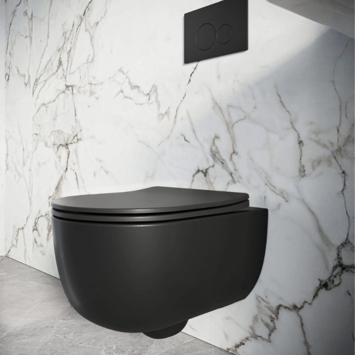 Rimless Wall Hung Black Toilet, Frame & Button Pack