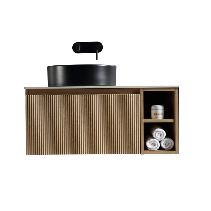 Fluted 800mm Wall Hung Vanity Unit with Side Storage Box & Counter Top - Country Oak