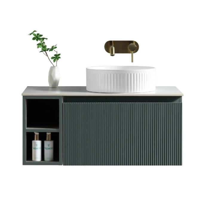 Fluted 800mm Wall Hung Vanity Unit with Side Storage Box & Counter Top - Smoked Sage