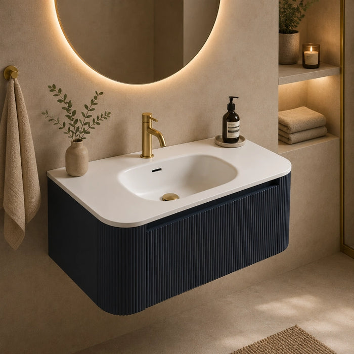 Fluted 870mm Wall Hung Curve Corner Vanity with Matte Basin - Midnight Shadow