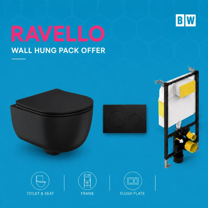 Rimless Wall Hung Black Toilet, Frame & Button Pack