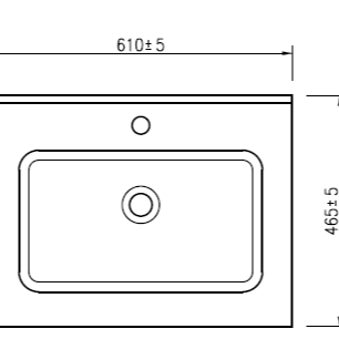 Technical drawing of a rectangular sink with dimensions labeled