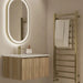 Corner vanity with white basin and country oak fluted cabinet, brass mixer tap