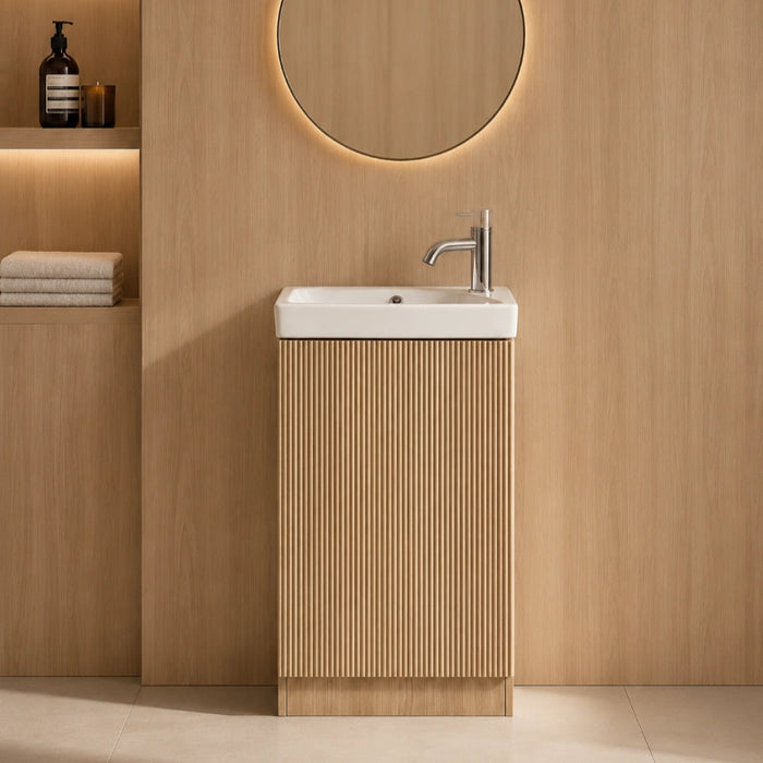 Mini Fluted Cloakroom Vanity Unit with Ceramic Basin - Country Oak