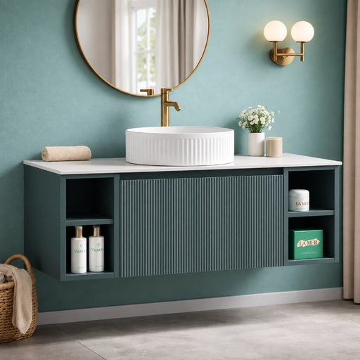 Smoked sage wall-hung vanity with fluted front, countertop, and side storage