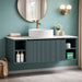 Smoked sage wall-hung vanity with fluted front, countertop, and side storage