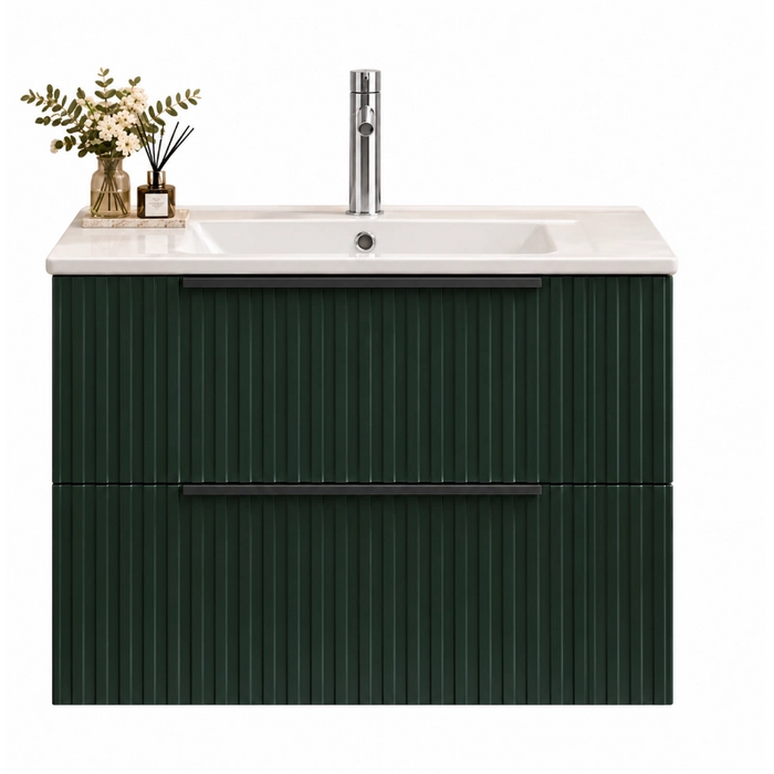 Matt forest green fluted wall-hung vanity with white basin and two drawer fronts