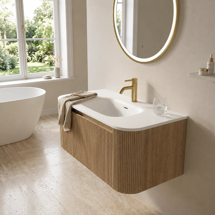 Fluted 870mm Wall Hung Curve Corner Vanity with Matte Basin - Country Oak