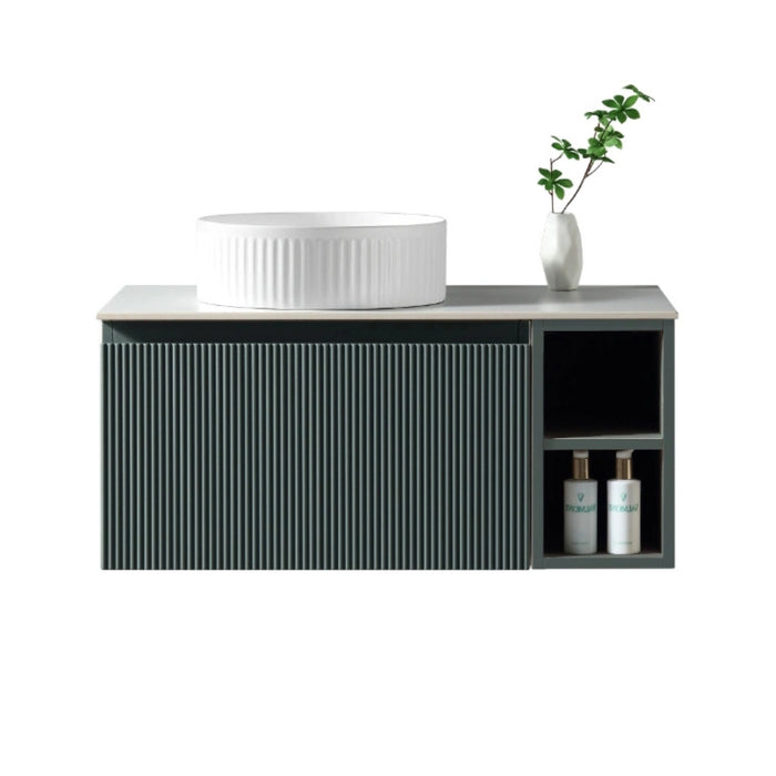 Fluted 800mm Wall Hung Vanity Unit with Side Storage Box & Counter Top - Smoked Sage