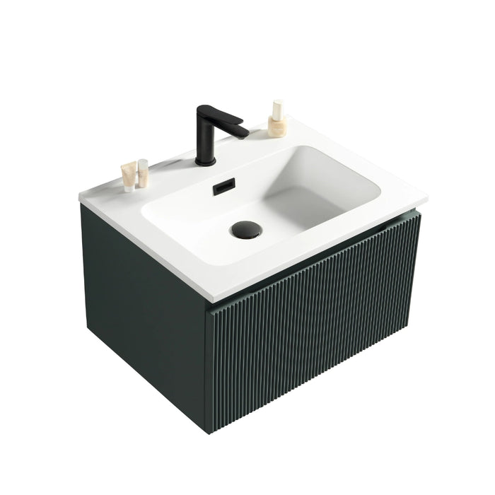 Midnight shadow fluted wall-hung vanity unit with white square basin and black tap