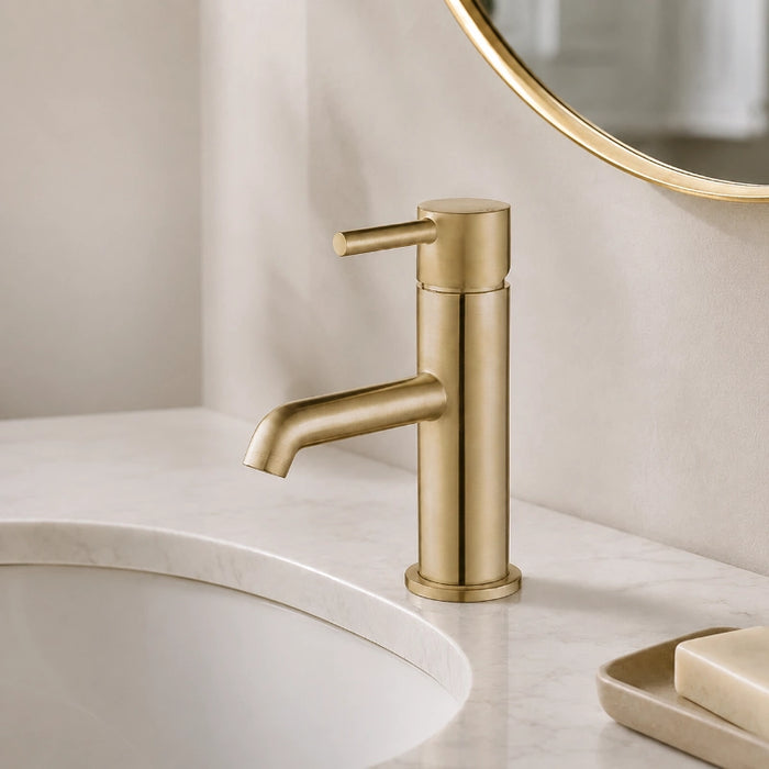 Pisa Round Basin Tap & Waste - Brushed Brass