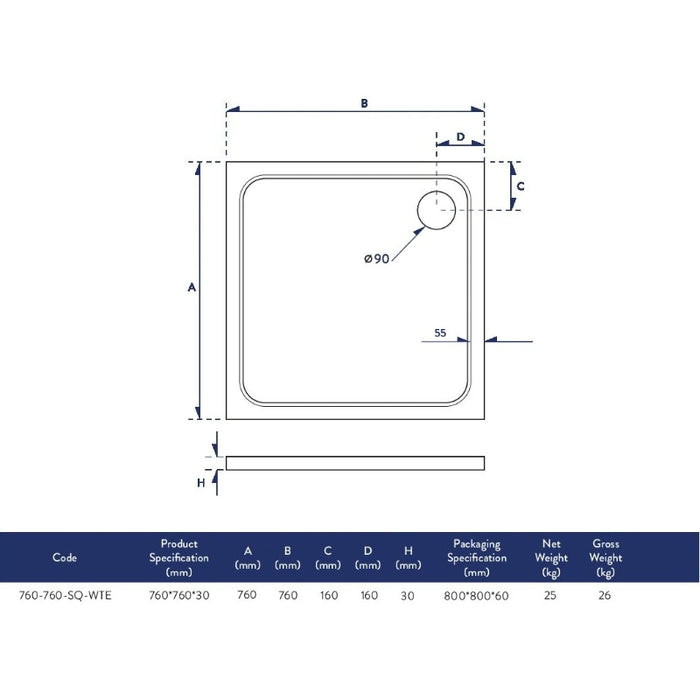 Slimline 760mm Low Profile Square Shower Tray White