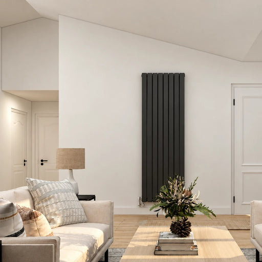 Vertical flat double panel radiator, anthracite dark gray, wall-mounted.