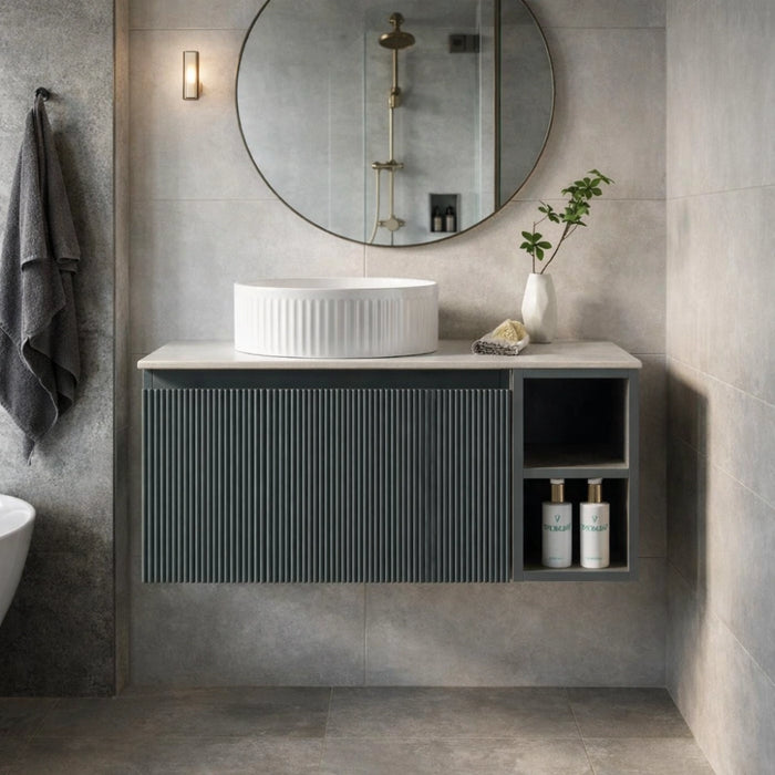 Fluted 800mm Wall Hung Vanity Unit with Side Storage Box & Counter Top - Smoked Sage