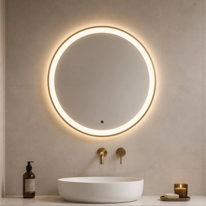 Novara Round Bathroom LED Mirror with Demister 600mm - Brushed Brass
