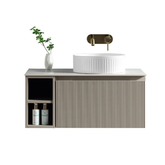 Fluted 800mm Wall Hung Vanity Unit with Side Storage Box & Counter Top - Soft Coffee