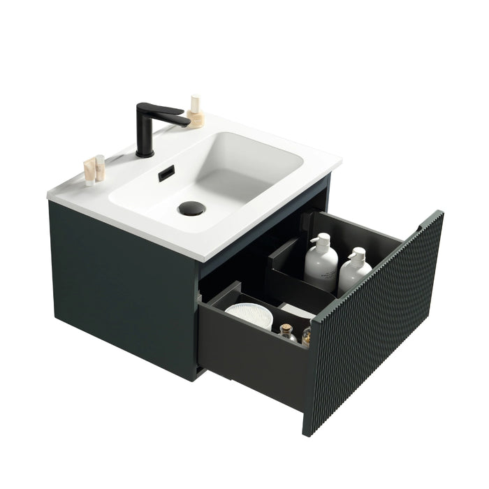Fluted wall-hung vanity unit with open drawer, white square basin, and black faucet