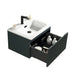 Fluted wall-hung vanity unit with open drawer, white square basin, and black faucet