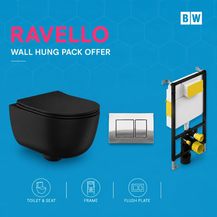 Rimless Wall Hung Black Toilet, Frame & Button Pack