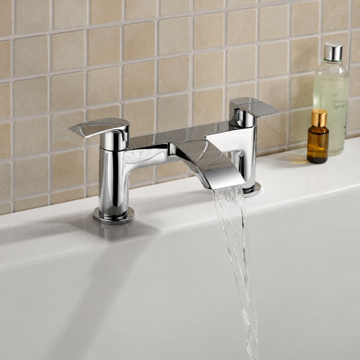 Chrome bath filler tap with curved spout and two cross handles