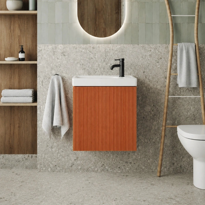 Fluted Mini Cloakroom Wall-Hung Vanity Unit with Basin - Bruciata Orange